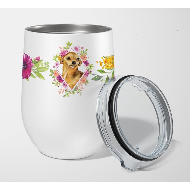 CK4128TBL12 12 Oz Chihuahua No.1 Pink Flowers Stainless Steel Stemless Wine Glass