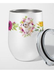 CK4129TBL12 12 Oz Chihuahua No.2 Pink Flowers Stainless Steel Stemless Wine Glass