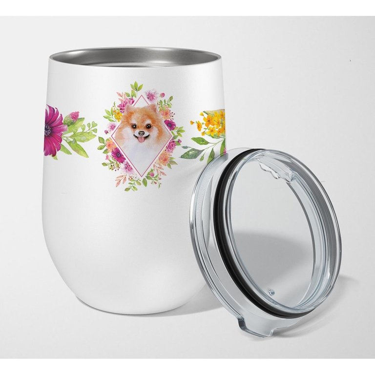 CK4169TBL12 12 oz Pomeranian No.1 Pink Flowers Stainless Steel Stemless Wine Glass - White/Pink