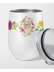 CK4209TBL12 12 Oz Spinone Italiano Pink Flowers Stainless Steel Stemless Wine Glass