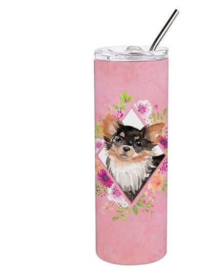 Caroline's Treasures CK4225TBL20 20 Oz Longhaired Chihuahua Pink Flowers Double Walled Stainless Steel Skinny Tumbler product