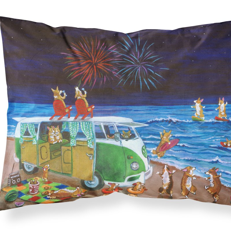 Caroline's Treasures Corgi Beach Party Volkswagon Bus Fireworks Fabric Standard Pillowcase