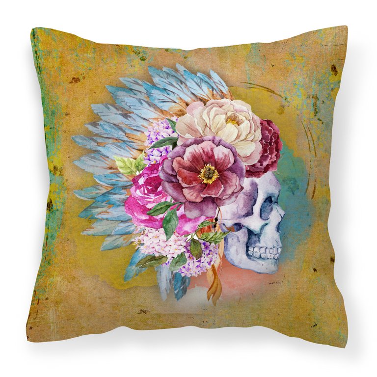 Day of the Dead Flowers Skull  Fabric Decorative Pillow - Brown