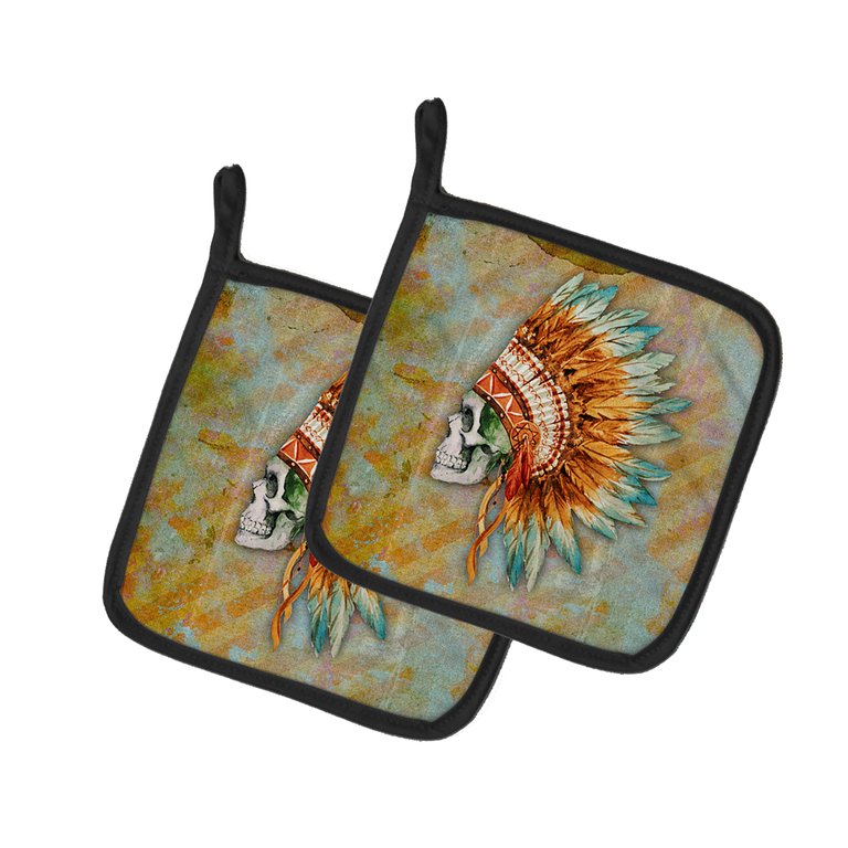 Day of the Dead Indian Skull  Pair of Pot Holders - Brown