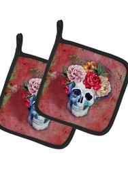 Day of the Dead Red Flowers Skull  Pair of Pot Holders - Red