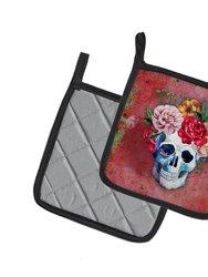 Day of the Dead Red Flowers Skull  Pair of Pot Holders