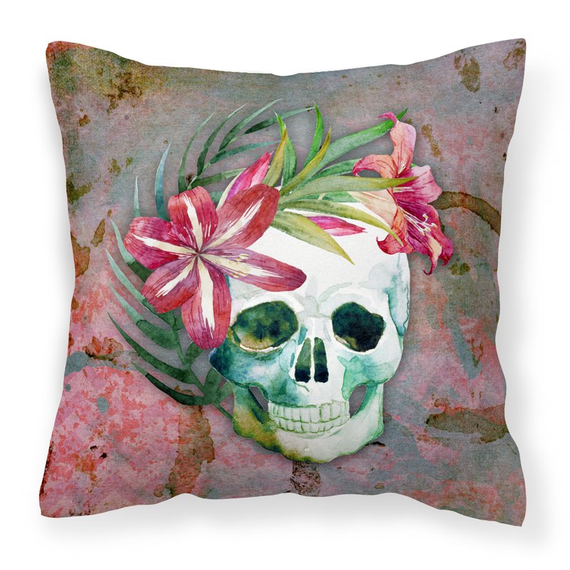 Caroline's Treasures Day Of The Dead Skull Flowers Fabric Decorative Pillow In Brown
