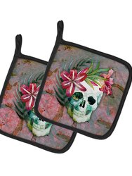 Day of the Dead Skull Flowers Pair of Pot Holders - Brown