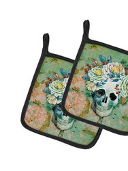 Day of the Dead Skull with Flowers Pair of Pot Holders - Brown
