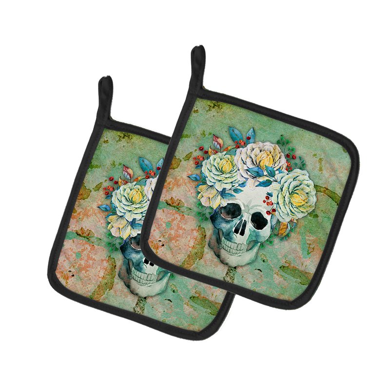 Caroline's Treasures Day Of The Dead Skull With Flowers Pair Of Pot Holders In Brown