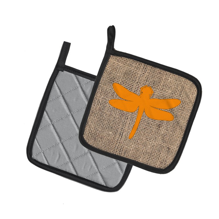 Dragonfly Burlap and Orange BB1062 Pair of Pot Holders