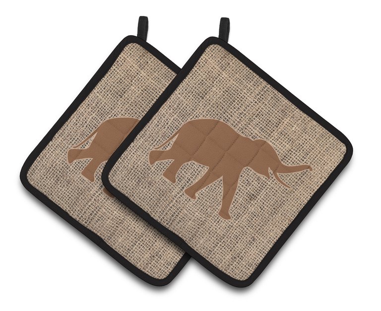 Elephant Burlap and Brown BB1011 Pair of Pot Holders