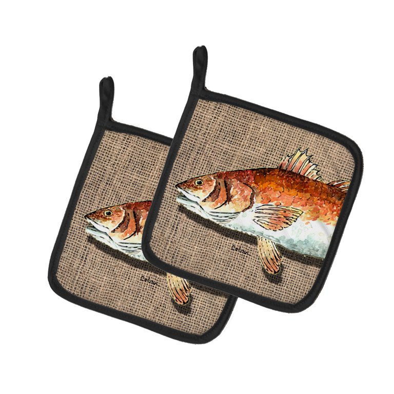 Fish Red Fish  on Faux Burlap Pair of Pot Holders