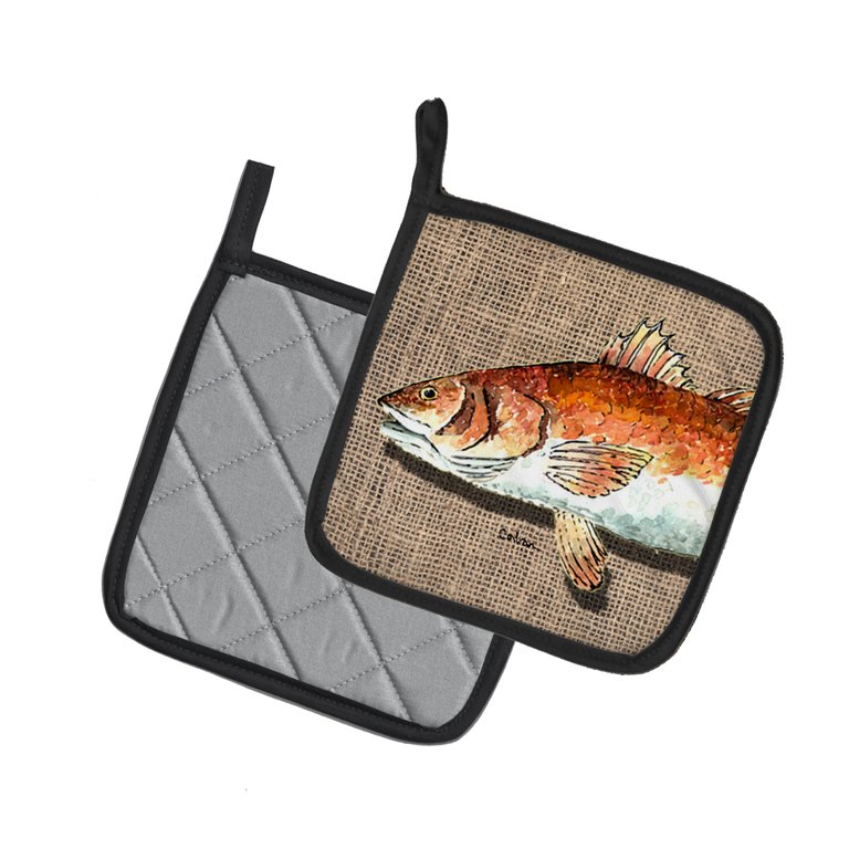 Fish Red Fish  on Faux Burlap Pair of Pot Holders