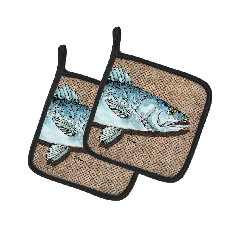 Caroline's Treasures Fish Speckled Trout On Faux Burlap Pair Of Pot Holders In Brown