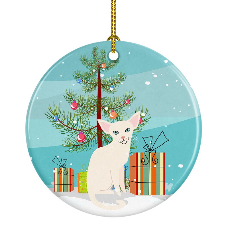 Caroline's Treasures Foreign White Cat Merry Christmas Tree Ceramic Ornament In Blue