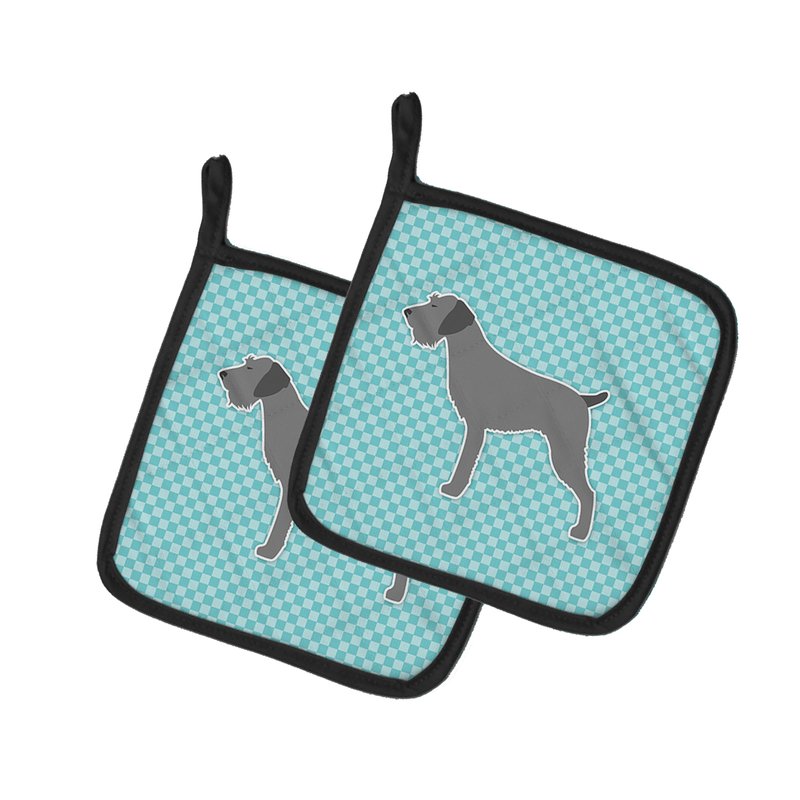 Caroline's Treasures German Wirehaired Pointer Checkerboard Blue Pair Of Pot Holders In Multi