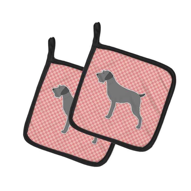 German Wirehaired Pointer Checkerboard Pink Pair of Pot Holders
