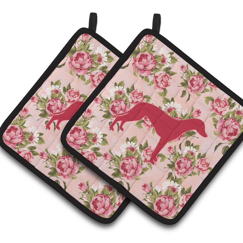 Caroline's Treasures Greyhound Shabby Chic Pink Roses Pair Of Pot Holders In Multi