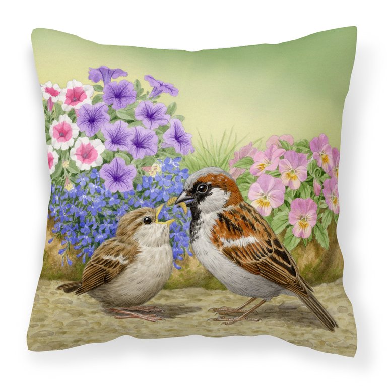 House Sparrows Feeding Time Fabric Decorative Pillow