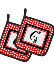 Letter G Initial  - Red Black Polka Dots Pair of Pot Holders
