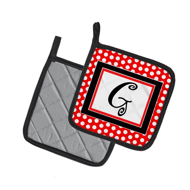 Letter G Initial  - Red Black Polka Dots Pair of Pot Holders