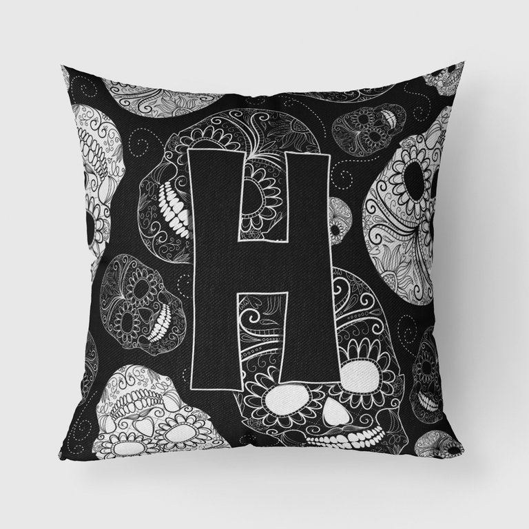 Letter H Day of the Dead Skulls Black Fabric Decorative Pillow