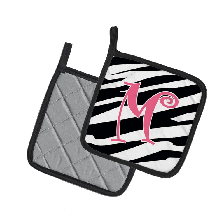 Letter M Initial  Zebra Stripe and Pink Pair of Pot Holders