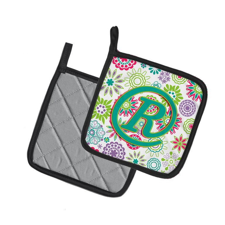 Letter R Flowers Pink Teal Green Initial Pair of Pot Holders