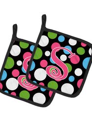 Letter S Initial Monogram - Polkadots and Pink Pair of Pot Holders