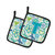 Letter T Flowers and Butterflies Teal Blue Pair of Pot Holders