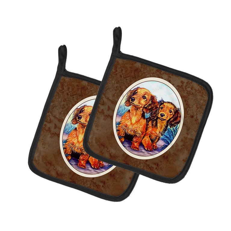 Long Hair Red Dachshund Two Peas Pair of Pot Holders