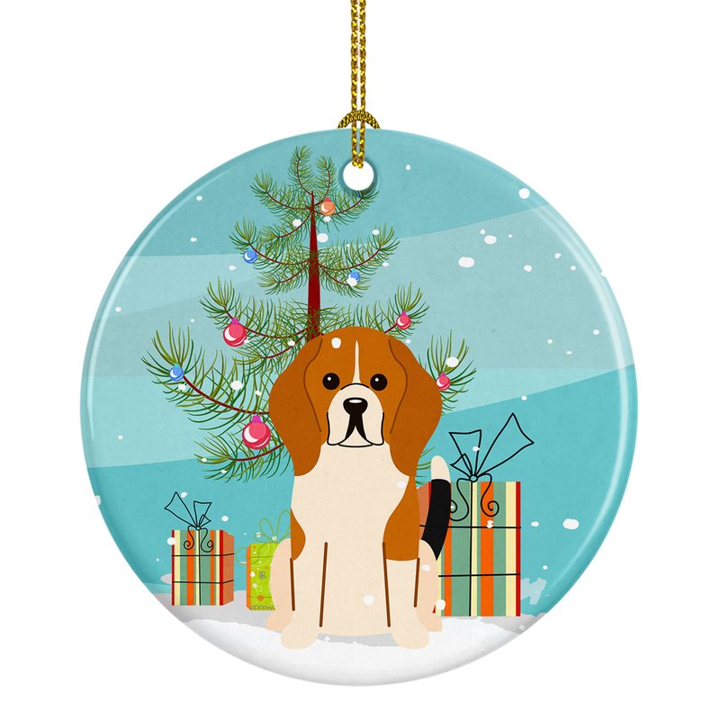 Caroline's Treasures Merry Christmas Tree Beagle Tricolor Ceramic Ornament In Multi