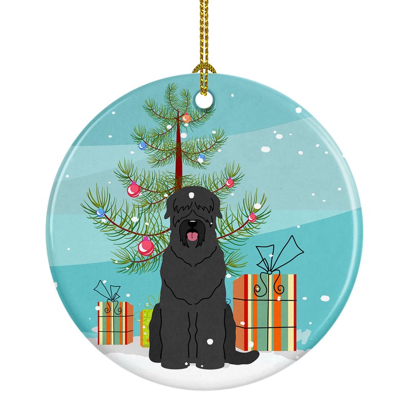 Caroline's Treasures Merry Christmas Tree Black Russian Terrier Ceramic Ornament In Blue