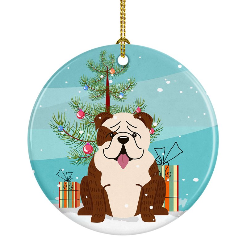 Caroline's Treasures Merry Christmas Tree English Bulldog Brindle White Ceramic Ornament In Blue