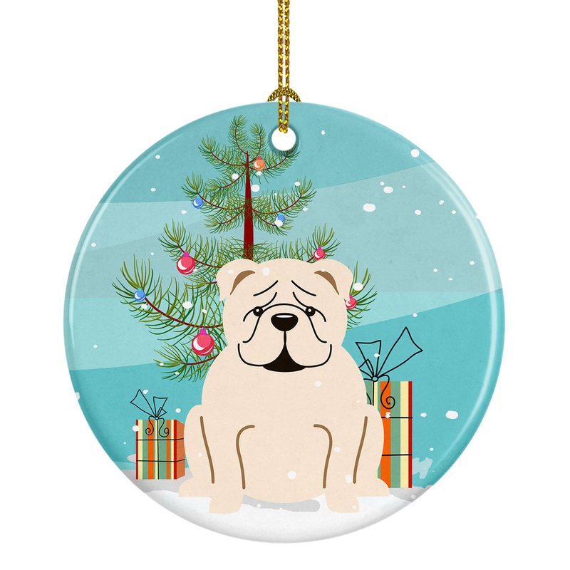 Caroline's Treasures Merry Christmas Tree English Bulldog White Ceramic Ornament In Blue