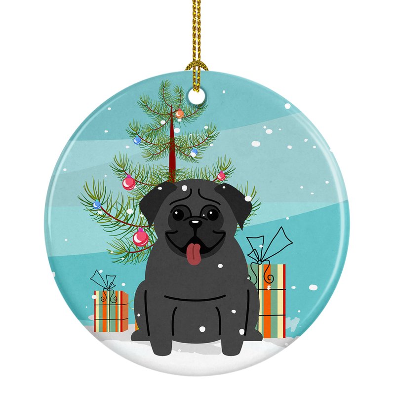 Caroline's Treasures Merry Christmas Tree Pug Black Ceramic Ornament