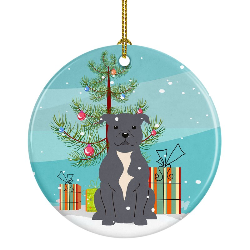 Caroline's Treasures Merry Christmas Tree Staffordshire Bull Terrier Blue Ceramic Ornament