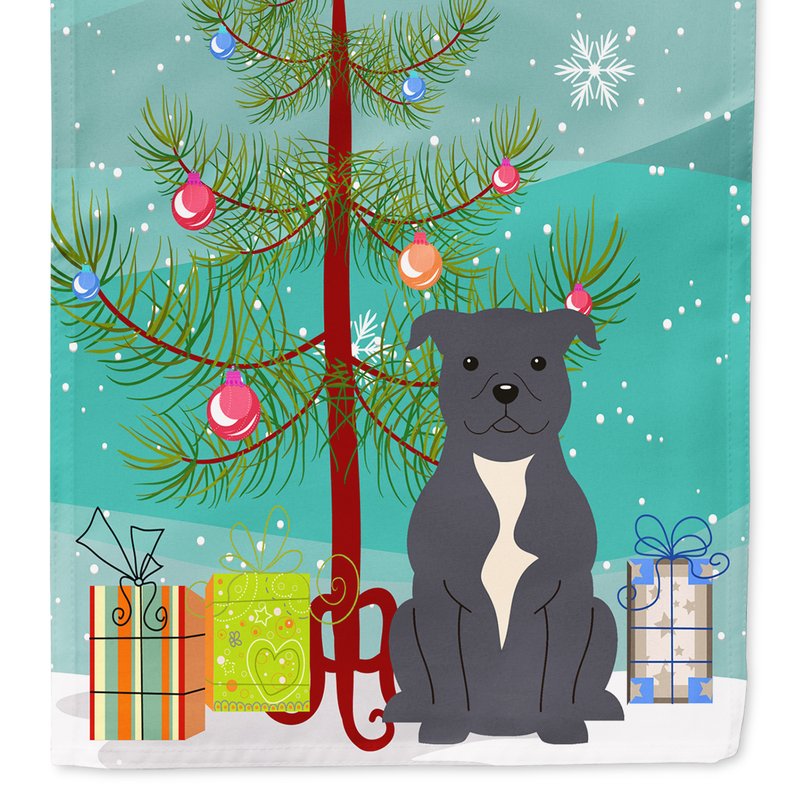 Caroline's Treasures Merry Christmas Tree Staffordshire Bull Terrier Blue Garden Flag 2-sided 2-ply
