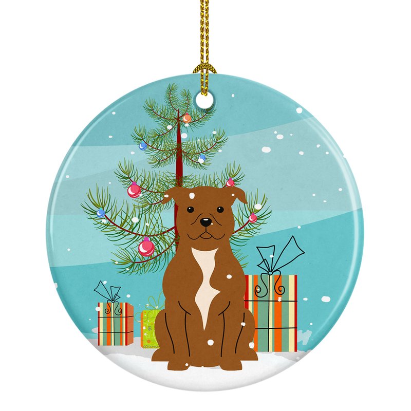 Caroline's Treasures Merry Christmas Tree Staffordshire Bull Terrier Brown Ceramic Ornament