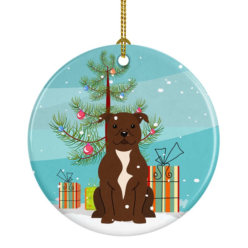 Caroline's Treasures Merry Christmas Tree Staffordshire Bull Terrier Chocolate Ceramic Ornament