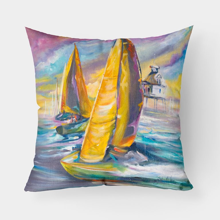 Middle Bay Lighthouse Sailboats Fabric Decorative Pillow