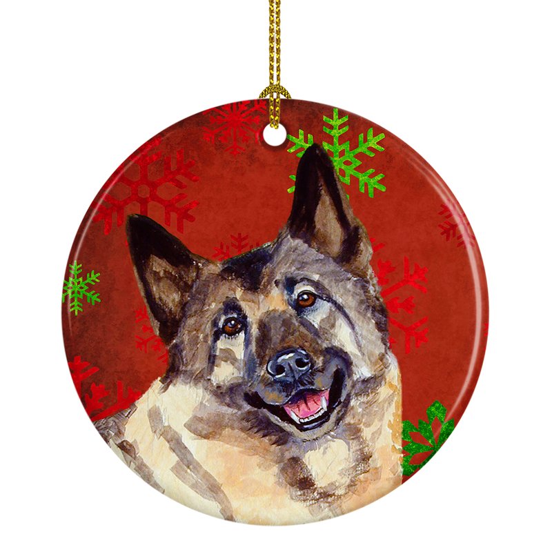 Caroline's Treasures Norwegian Elkhound Red And Green Snowflakes Holiday Christmas Ceramic Ornament