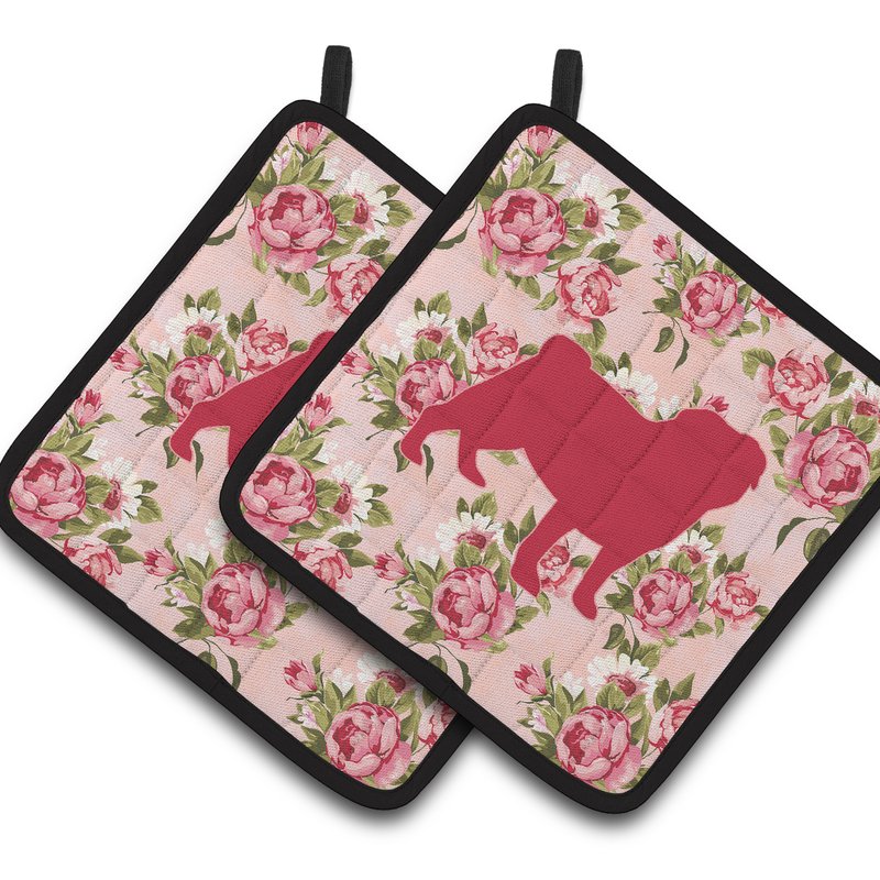 Caroline's Treasures Pug Shabby Chic Pink Roses Pair Of Pot Holders In Pattern