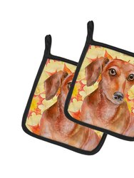Red Dachshund Fall Pair of Pot Holders