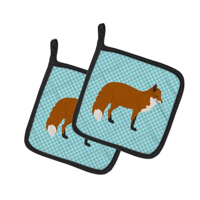 Red Fox Blue Check Pair of Pot Holders