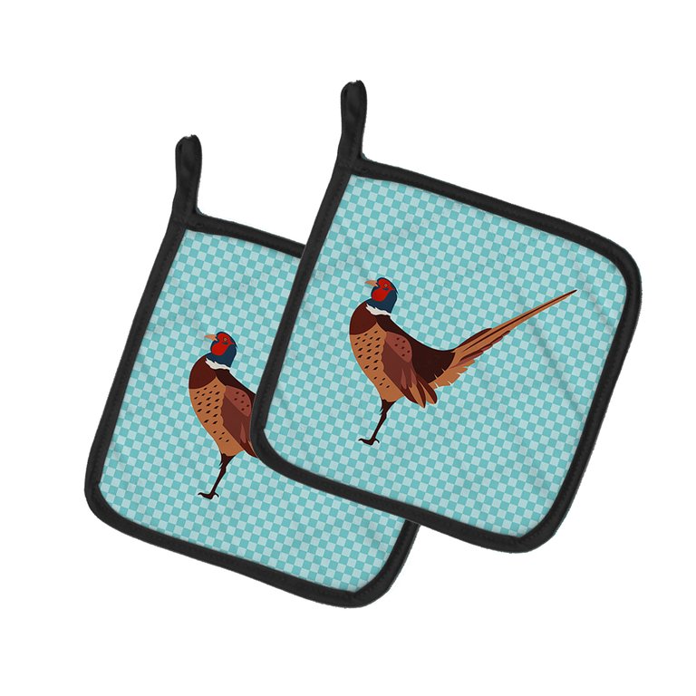 Ring-necked Common Pheasant Blue Check Pair of Pot Holders