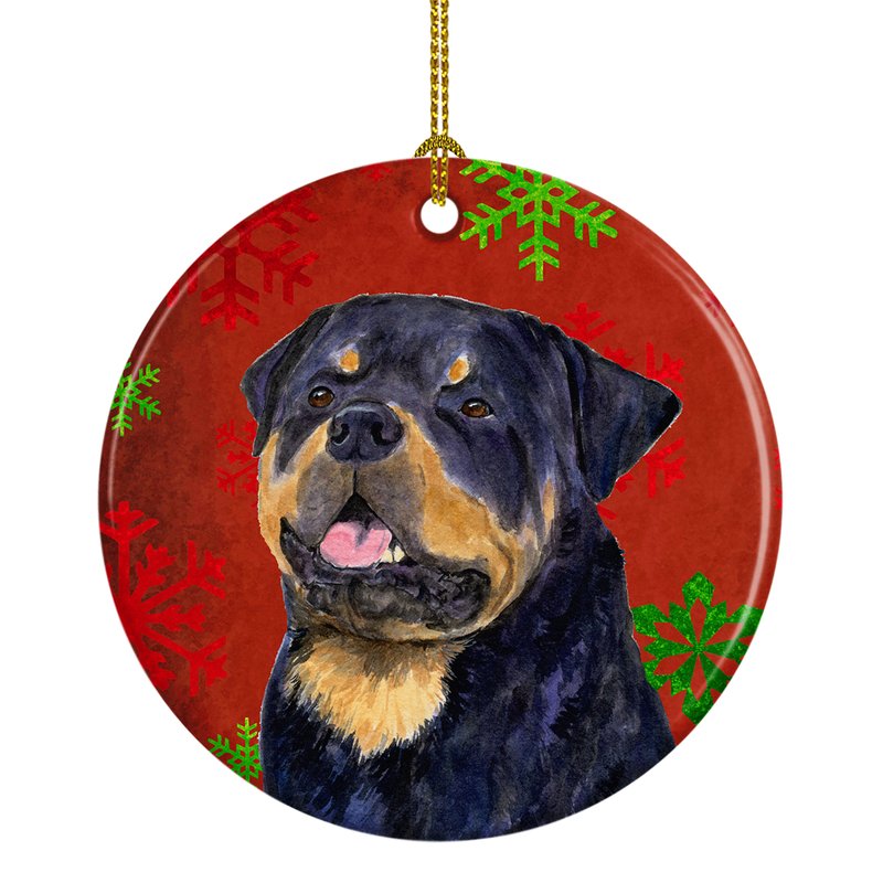 Caroline's Treasures Rottweiler Red And Green Snowflakes Holiday Christmas Ceramic Ornament