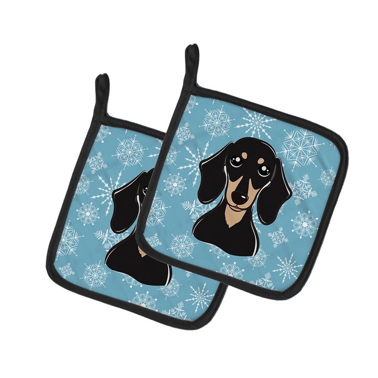 Snowflake Smooth Black and Tan Dachshund Pair of Pot Holders