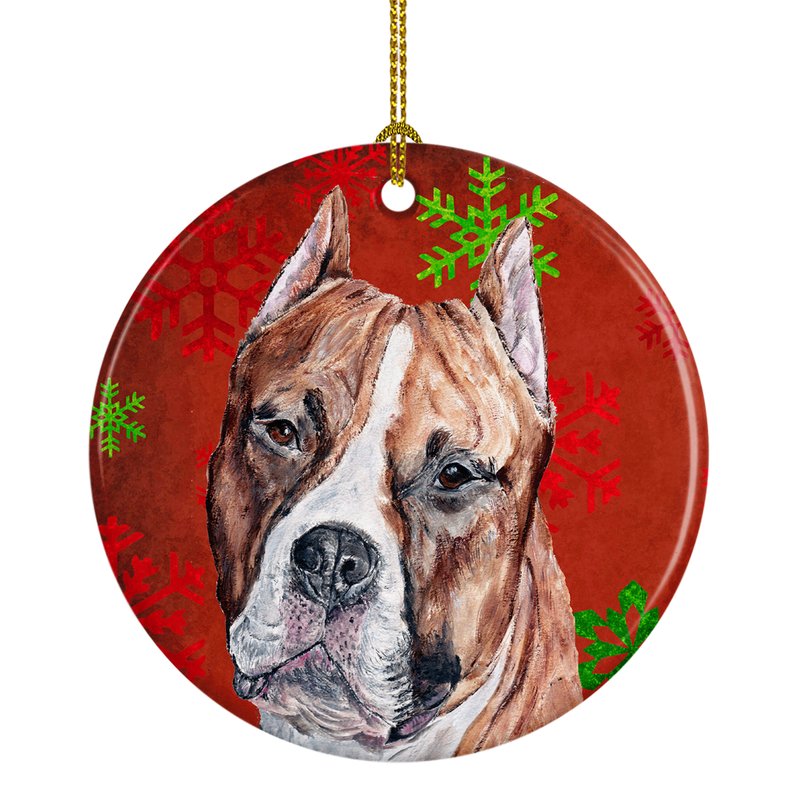 Caroline's Treasures Staffordshire Bull Terrier Staffie Red Snowflakes Holiday Ceramic Ornament